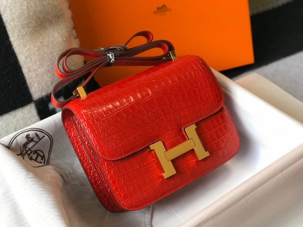 H CONSTANCE ALLIGATOR GOLD HARDWARE MINI RED FICELLE BAG 18CM