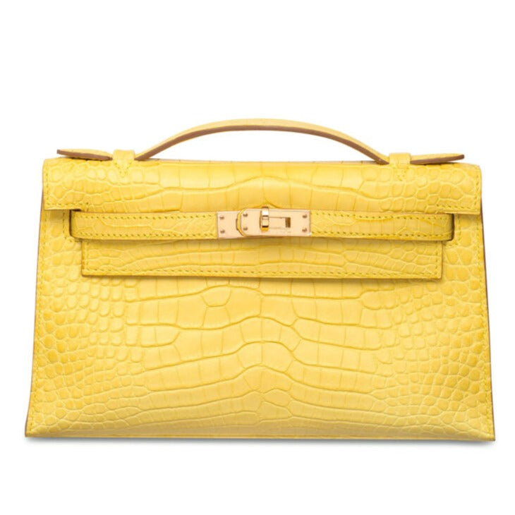 H MINI KELLY POCHETTE CROCODILE GOLD TONED HARDWARE YELLOW 22CM