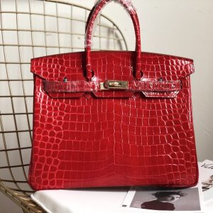 H A SHINY SANGUINE POROSUS CROCODILE BIRKIN 30 WITH GOLD HARDWARE RED 30CM