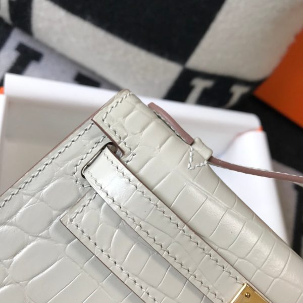 H MINI KELLY POCHETTE CROCODILE GOLD TONED HARDWARE WHITE 22CM