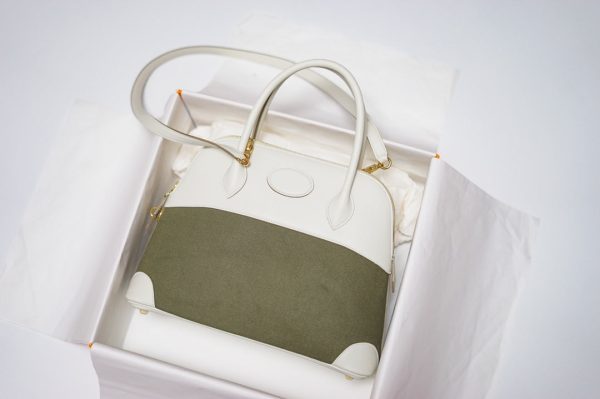 H VINTAGE BOLIDE 31 CANVAS LEATHHER BAG WHITE GREY 31CM