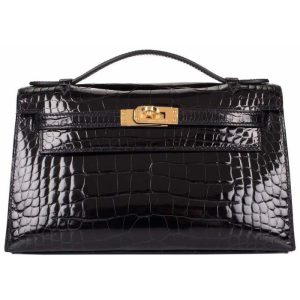 H MINI KELLY POCHETTE CROCODILE GOLD TONED HARDWARE BLACK 22CM