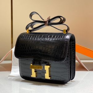 H CONSTANCE ALLIGATOR GOLD HARDWARE MINI BLACK FICELLE BAG 18CM